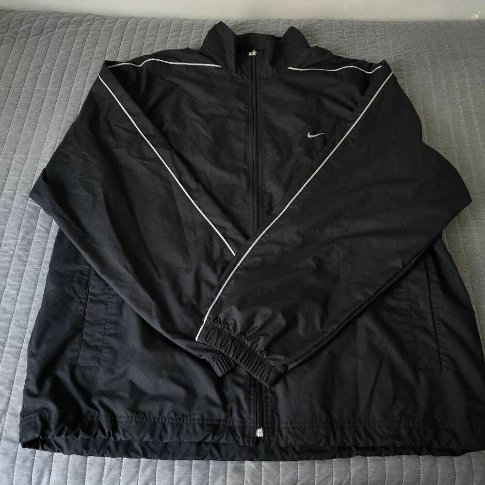 Vintage Nike Track Jacket Mens XXL Black Full Zip Windbreaker White Piping Y2K
